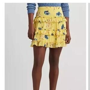 Lauren Ralph Lauren Womens Floral Ruffle-Trim Georgette A-Line Mini Skirt Yellow